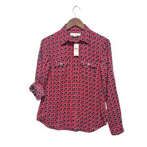 Ann Taylor Loft Blouse Womens Sz XS Red Roll Tab Long Sleeve Button Front Office